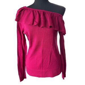Ruffle Off Shoulder Sweater Womens XS Pink Romantic Occasion Glam Winter Holiday